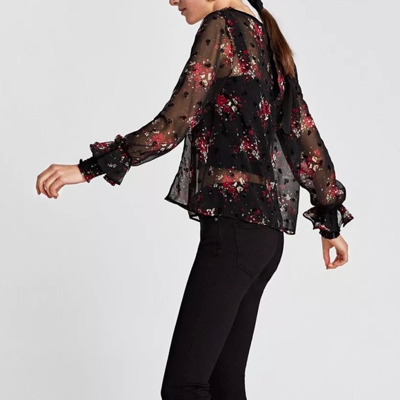 Zara Tops - Zara Basic Sheer Dark Floral Velvet Accent V Neck Blouse w/ Ruffle Sleeve